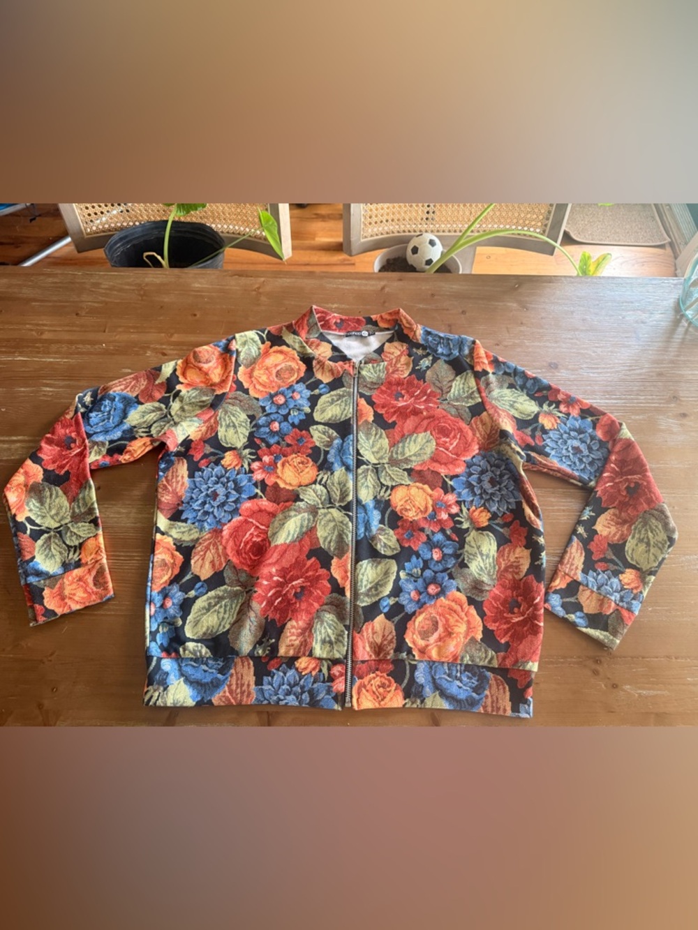 Boohoo Floral Knit Lightweight Jacket with Red, Blue, Orange, & Green Accents